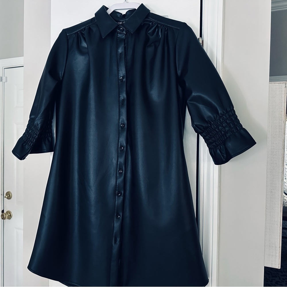 Boho Chic Black Faux Leather Shirt Dress